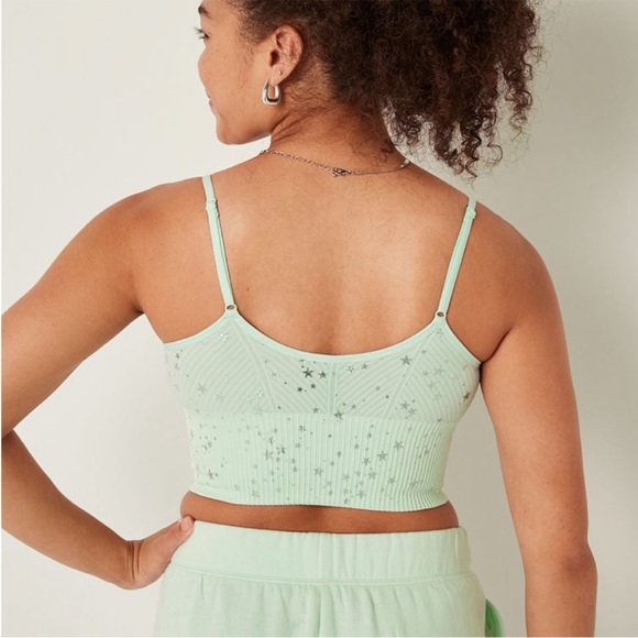 NWT VS PINK Seamless Lightly Lined Sports Bra Minty Green Silver Stars Medium M - Picture 3 of 10
